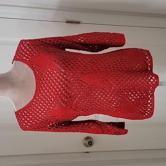 Objects D'Art, Open Knit Red Sweater, Star Detail. Size M. New without Tags - Picture 1 of 9